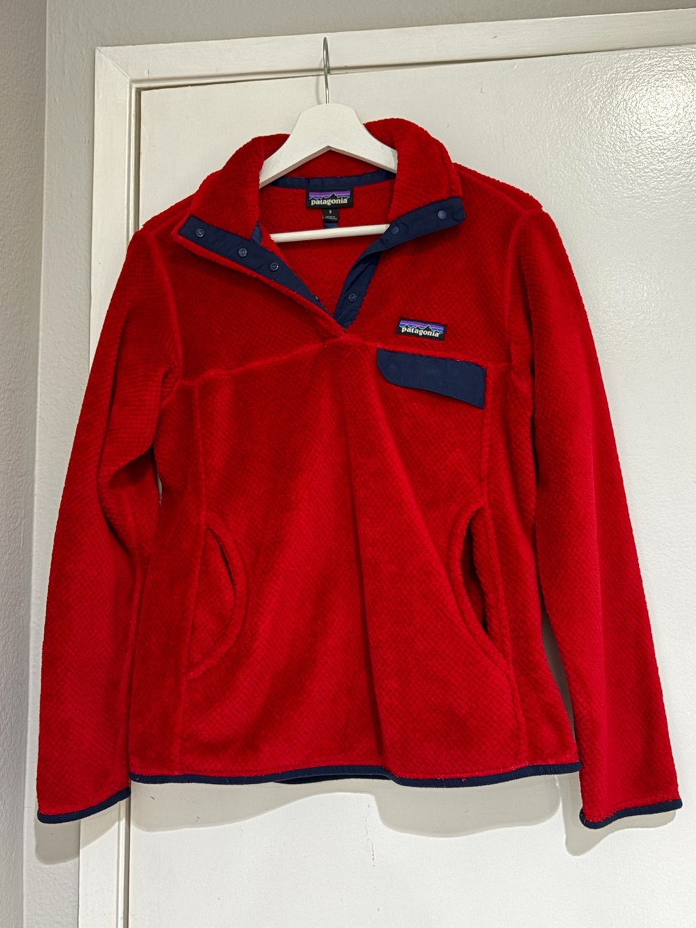 Patagonia Red Fleece Pullover with Navy Trim